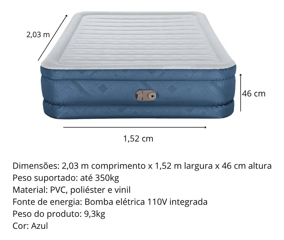 Colchão Inflável Queen Casal Com Bomba 350kg Praia Camping Azul
