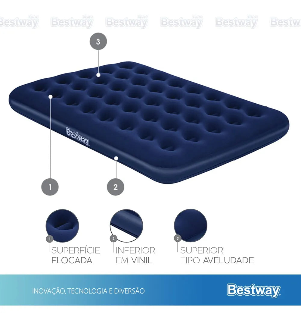 Colchão Inflável Casal Resistente 300kg + Bomba Ar Bestway Cor Azul