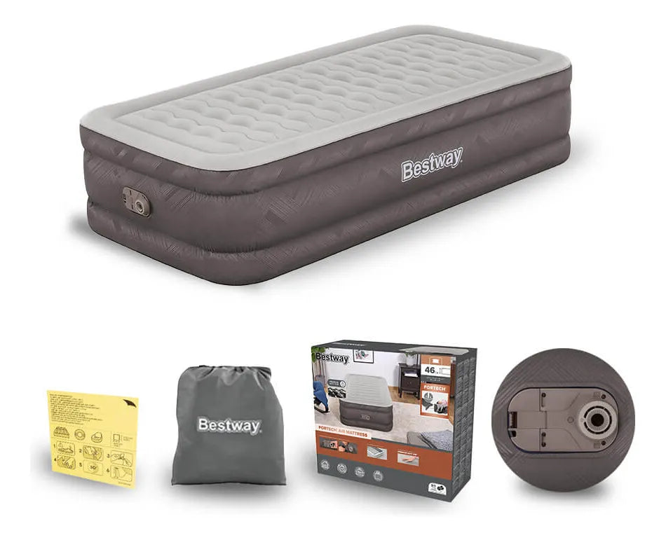 Colchão Inflável Solteiro Fortech Elétrico + Bolsa Bestway Cor Cinza 110V