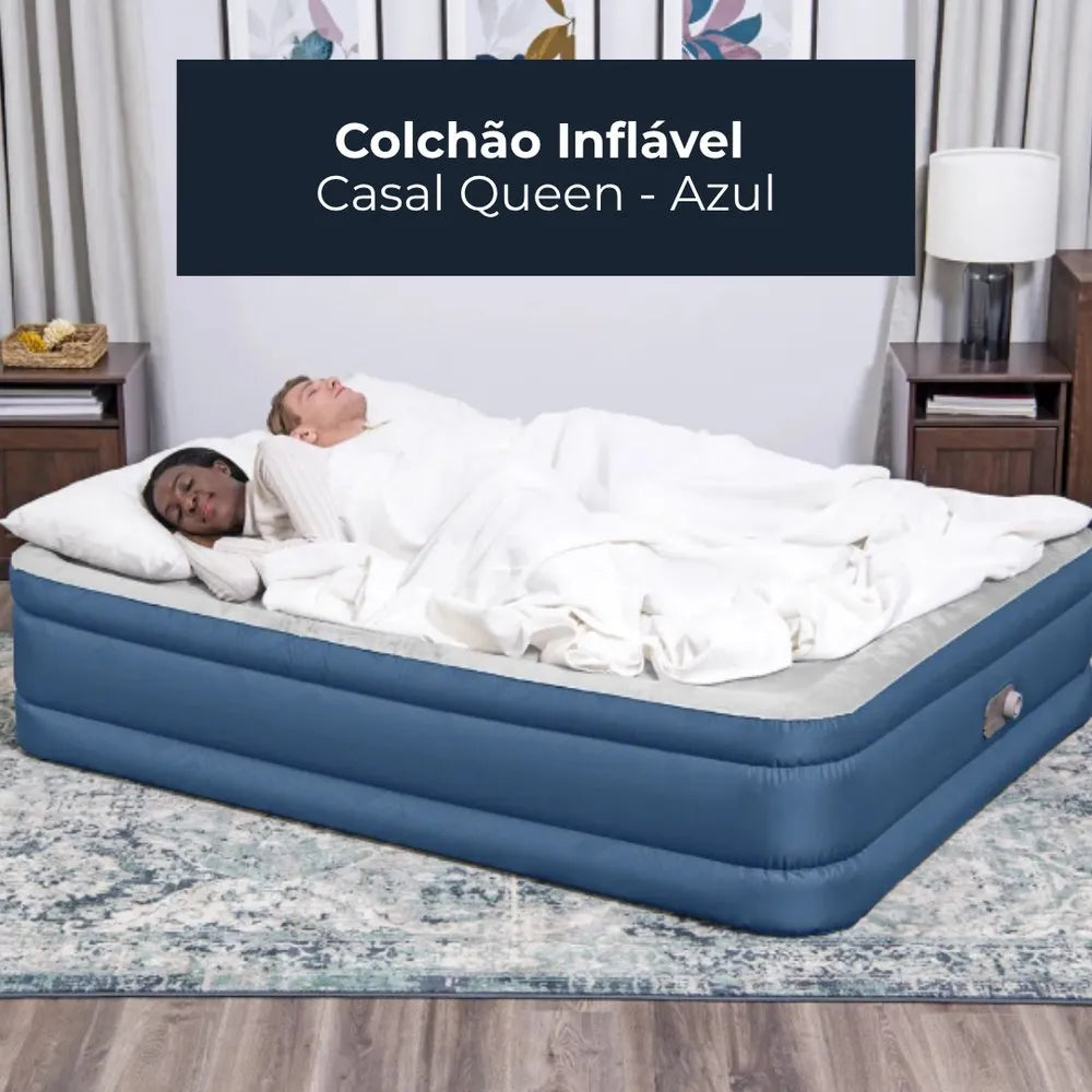 Colchão Inflável Queen Casal Com Bomba 350kg Praia Camping Azul