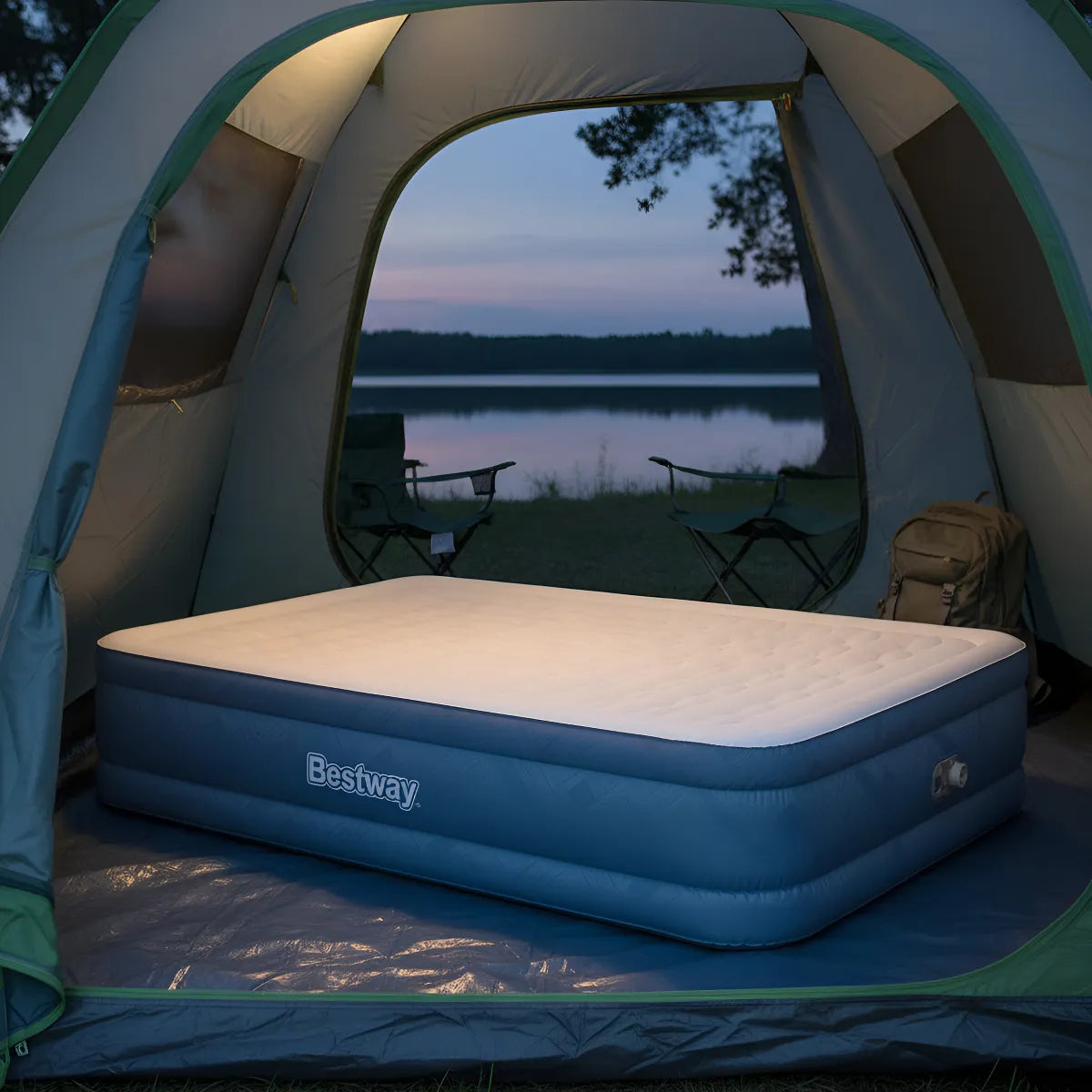 Colchão Inflável Queen Casal Com Bomba 350kg Praia Camping Azul