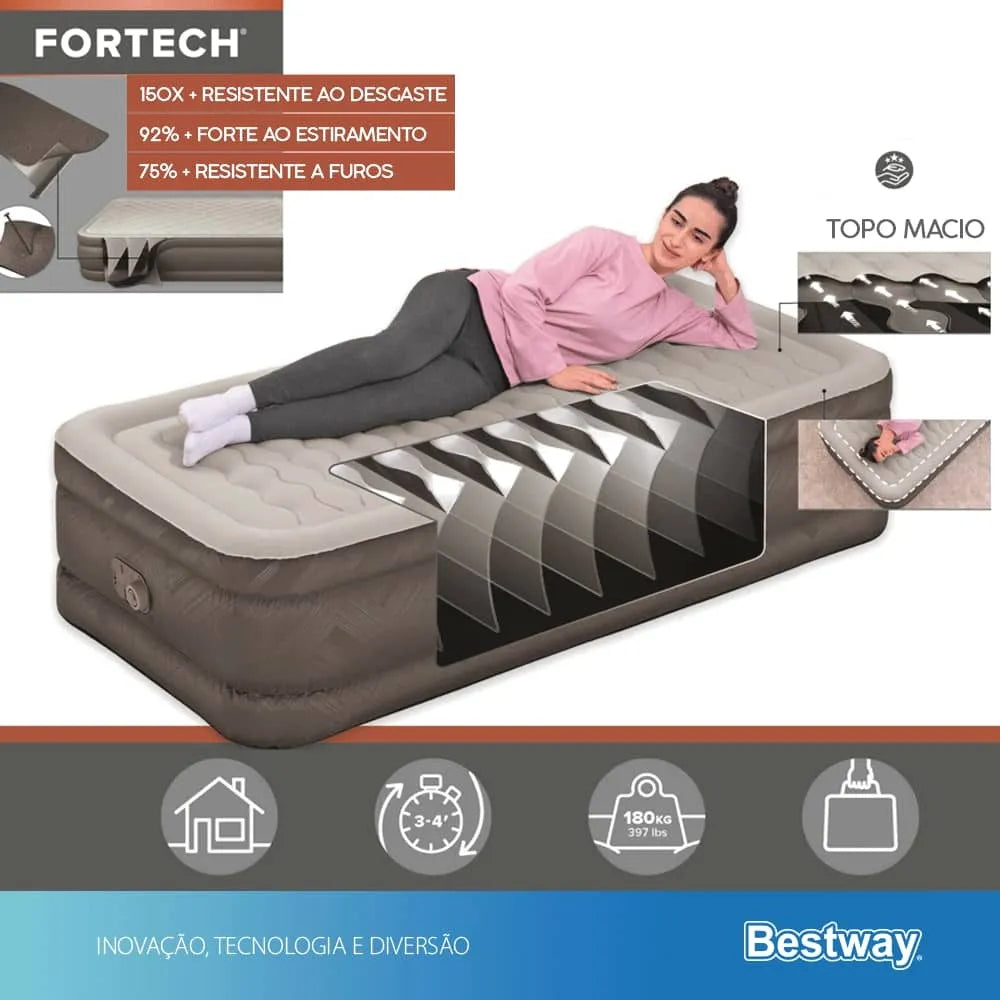 Colchão Inflável Solteiro Fortech Elétrico + Bolsa Bestway Cor Cinza 110V
