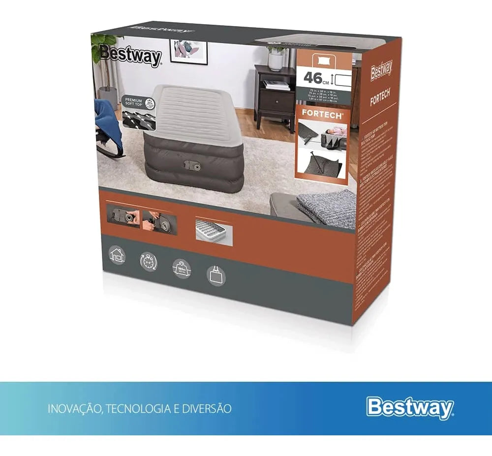 Colchão Inflável Solteiro Fortech Elétrico + Bolsa Bestway Cor Cinza 110V